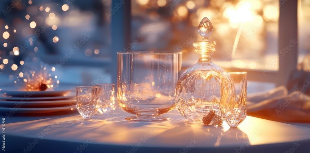 Delicate glassware on an elegantly adorned table with light reflecting through for a stunning dining experience. Delicate glassware on an elegantly adorned table with light reflecting through for a stunning dining experience.