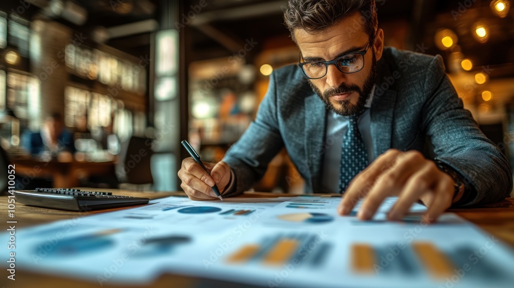 Businessman Analyzing Financial Charts in a Cafe Businessman Analyzing Financial Charts in a Cafe