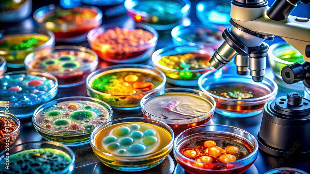Macro Photography of Colorful Bacterial Cultures in Petri Dishes Under a Microscope in Microbiology Lab, Studying Bacterial Growth and Microbial Diversity Macro Photography of Colorful Bacterial Cultures in Petri Dishes Under a Microscope in Microbiology Lab, Studying Bacterial Growth and Microbial Diversity