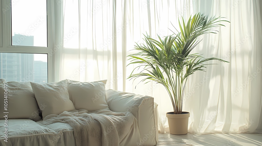 Naklejka premium Simple interior white wall and sofa poster background