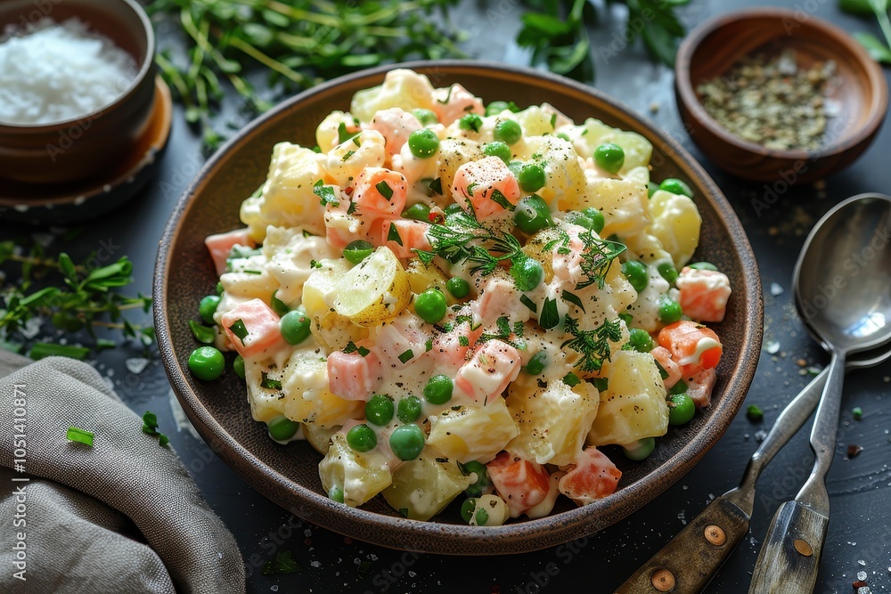 A traditional Russian salad, Olivier salad, featuring diced potatoes, carrots, peas, pickles, and ham in a creamy mayonnaise dressing A traditional Russian salad, Olivier salad, featuring diced potatoes, carrots, peas, pickles, and ham in a creamy mayonnaise dressing