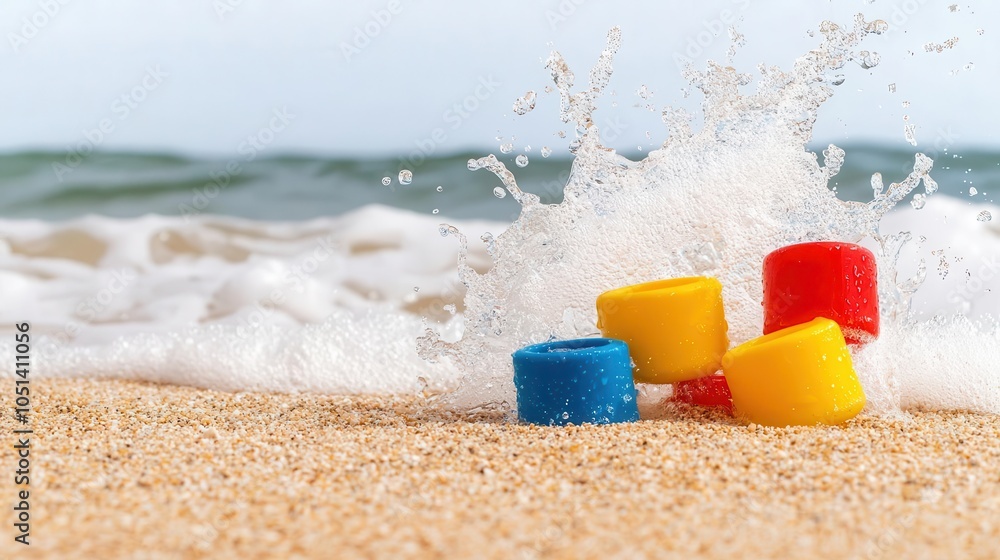 Waves crashing into a sandy beach, splashing over colorful beach toys, beach toy splash, fun water motion Waves crashing into a sandy beach, splashing over colorful beach toys, beach toy splash, fun water motion