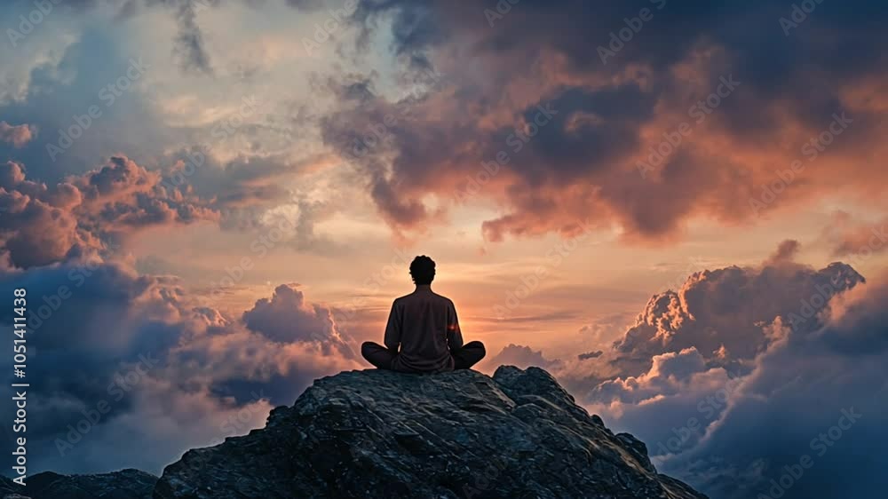 Silhouette of a person meditating on a mountain top during a vibrant sunset. Silhouette of a person meditating on a mountain top during a vibrant sunset.