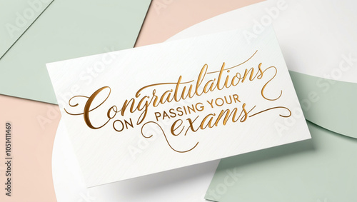 Passing exams congratulations card featuring a soft, pastel background with pale blue, pale pink and creamy white, adorned with a golden, cursive message congratulations on passing your exams