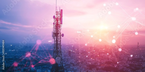 5G Telecommunication Tower with Smart City Network Connections, 5G Network Tower Connection, Data Connection photo