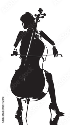 A woman playing Double bass silhouette isolated on white background