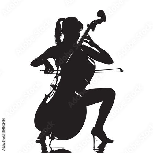 A woman playing Double bass silhouette isolated on white background