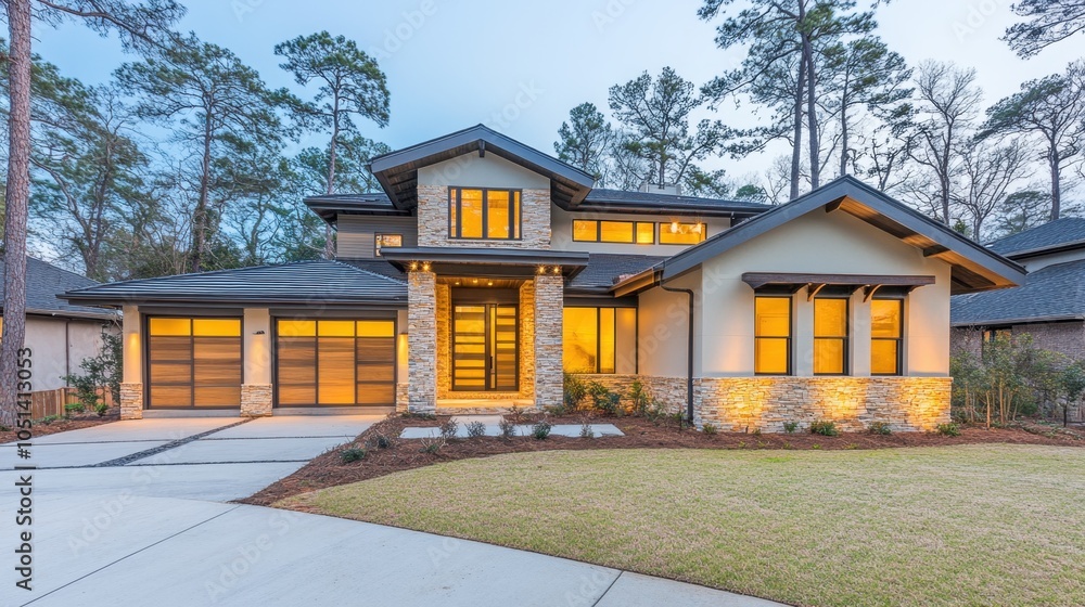 Modern Luxury Home Exterior with Stone Facade and Landscaped Lawn Modern Luxury Home Exterior with Stone Facade and Landscaped Lawn
