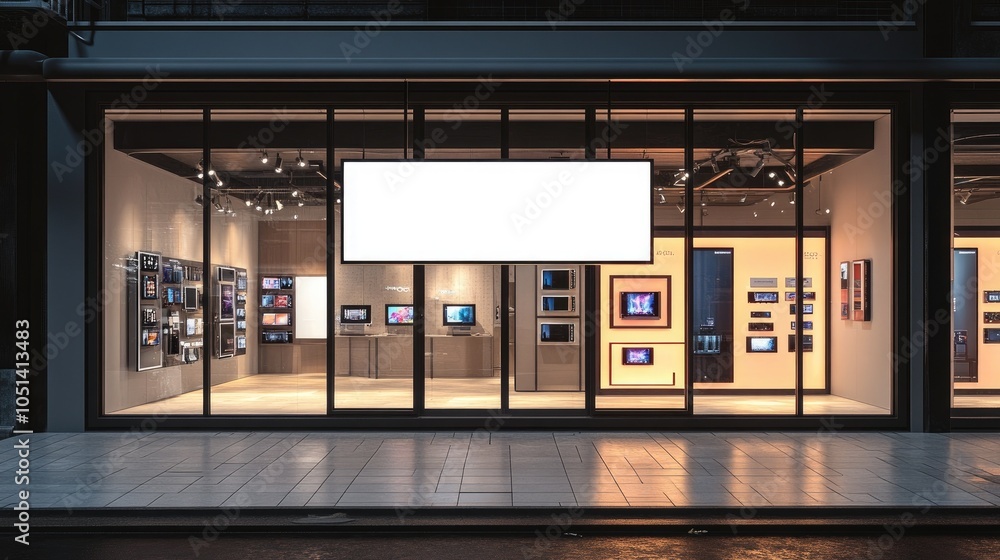 Modern Art Gallery Exterior with Illuminated Display Windows Showcasing Contemporary Artwork at Night Modern Art Gallery Exterior with Illuminated Display Windows Showcasing Contemporary Artwork at Night