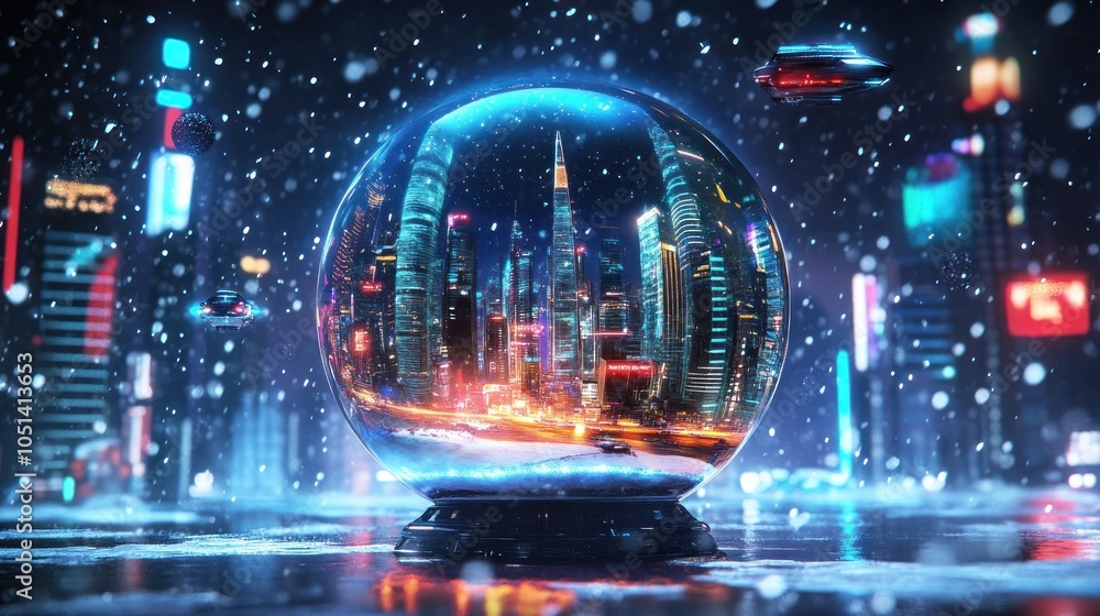 Futuristic snow globe cityscape with neon lights. Futuristic snow globe cityscape with neon lights.