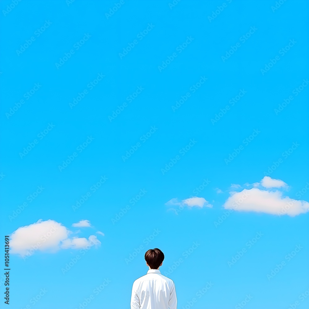 Contemplative figure gazing at a vast blue sky Contemplative figure gazing at a vast blue sky