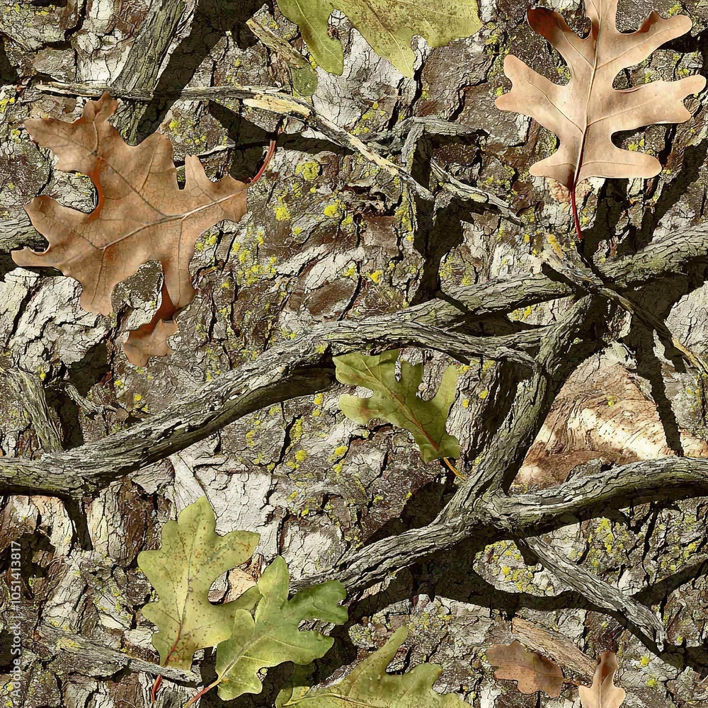 Close Up Oak Tree Bark with Oak Leaves Hunting Camo Pattern, Seamless Camouflage Texture Close Up Oak Tree Bark with Oak Leaves Hunting Camo Pattern, Seamless Camouflage Texture