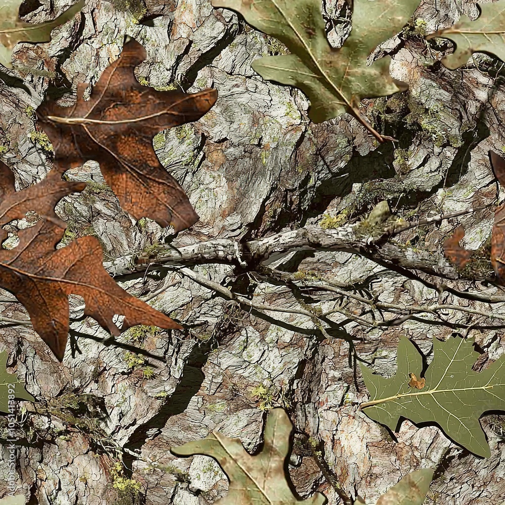 Close Up Oak Tree Bark with Oak Leaves Hunting Camo Pattern, Seamless Camouflage Texture Close Up Oak Tree Bark with Oak Leaves Hunting Camo Pattern, Seamless Camouflage Texture