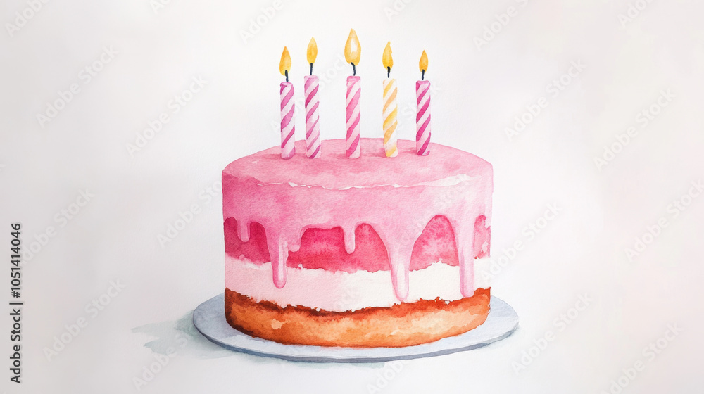 A colorful birthday cake with pink icing and five candles, perfect for celebrations and festive gatherings. A colorful birthday cake with pink icing and five candles, perfect for celebrations and festive gatherings.