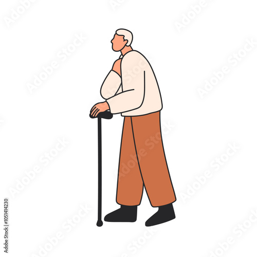 Elderly man going with walking stick. Senior male character leaning on cane, ...