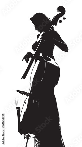 A woman playing Double bass silhouette isolated on white background