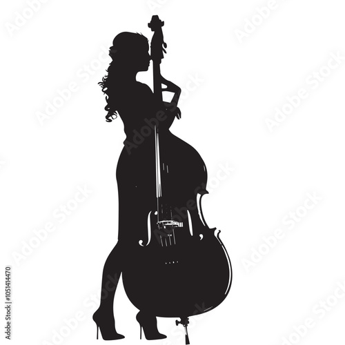 A woman playing Double bass silhouette isolated on white background