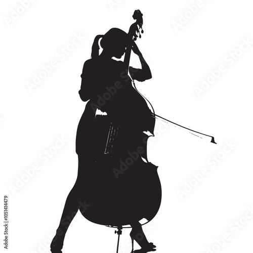 A woman playing Double bass silhouette isolated on white background