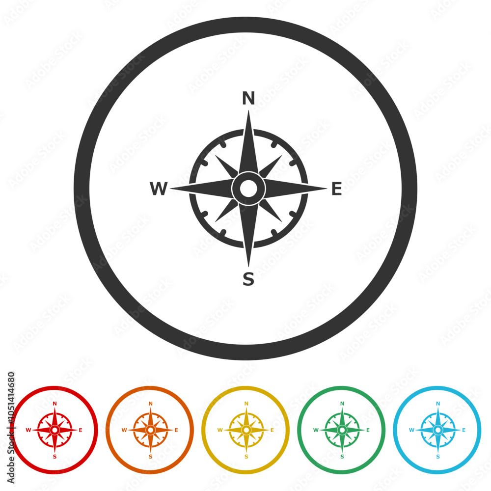 Fototapeta premium Compass wind rose icon. Set icons in color circle buttons