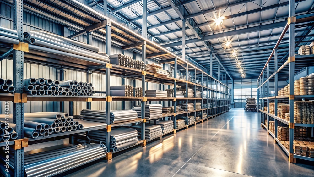 Minimalist Warehouse Scene with Stacked Metal Pipes and Parts on Shelves for Industrial and Architectural Photography Minimalist Warehouse Scene with Stacked Metal Pipes and Parts on Shelves for Industrial and Architectural Photography