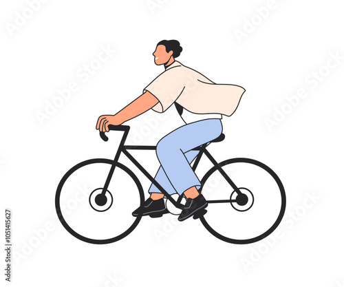 Happy man riding bicycle. Young cyclist enjoying bike travel. Active male bicyclist, biker pedaling on eco transport, profile, side view. Flat vector illustration isolated on white background