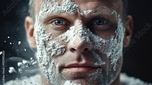 Close Up Portrait of Man Covered in White Powder Dramatic Lighting Blue Eyes