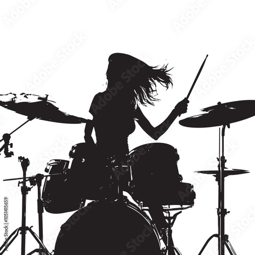 A woman playing Drums silhouette isolated on white background