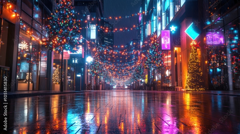Fototapeta premium Glowing urban street with vibrant holiday light display