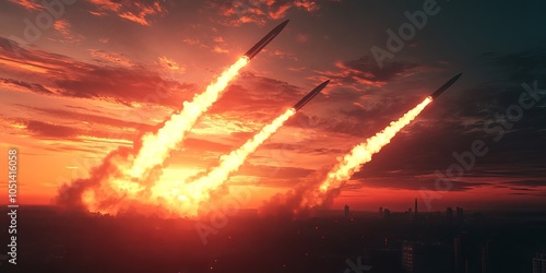 The Missiles Launching in the sky at sunset Silhouette. Nuclear Missile, chemical weapons, missile defense, air Defense Missiles, War, advance war
 photo