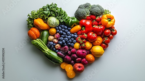 Colorful Organic Vegetables and Fruits Forming Heart Shape on White Background : Generative AI