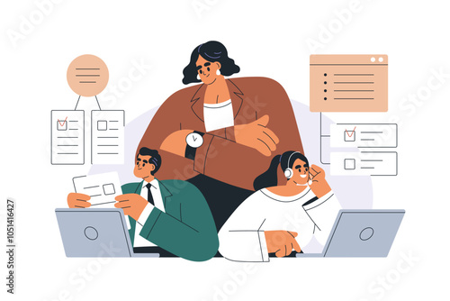 Business task management and control concept. CEO manager, workflow supervision, work planning. Leader checking reports, staff efficiency. Flat vector illustration isolated on white background