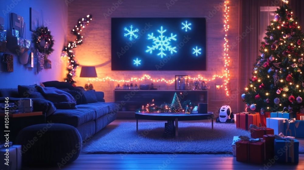 Intimate living room with Christmas tree and warm lights Intimate living room with Christmas tree and warm lights