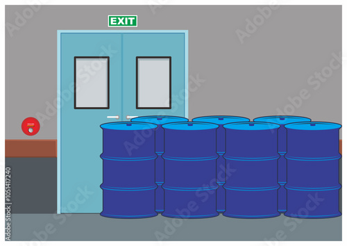 Stack of barrel container in front of the exit door vector illustration.