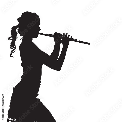 A woman playing Flute silhouette isolated on white background