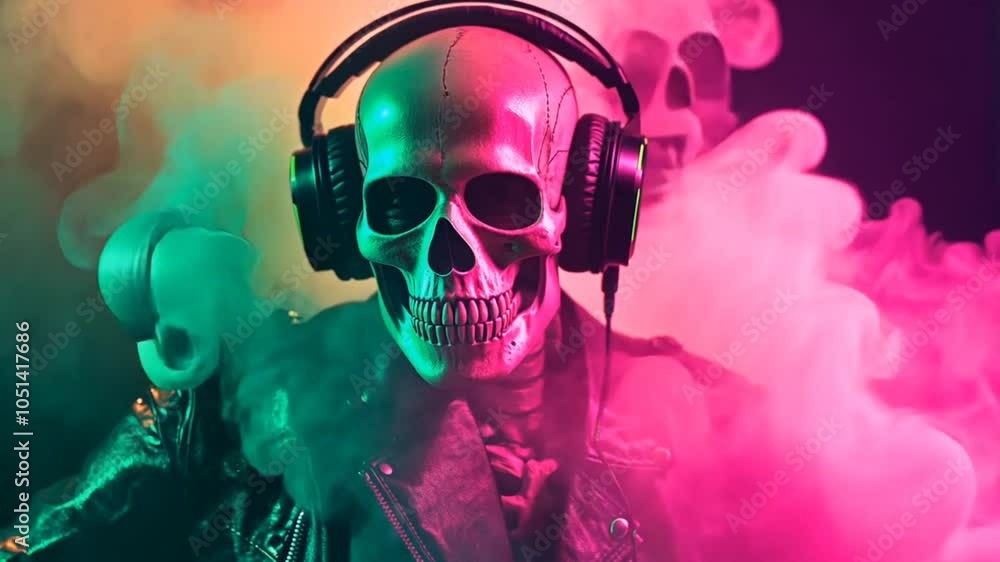A skeleton wearing headphones and a leather jacket stands in front of a pink and green neon light background. A skeleton wearing headphones and a leather jacket stands in front of a pink and green neon light background.