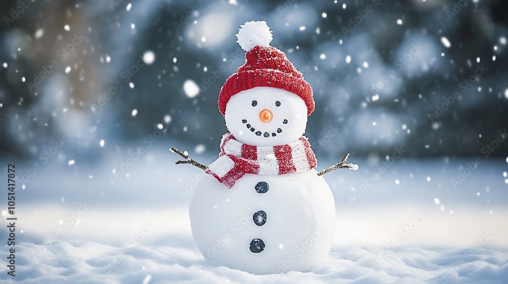 Fototapeta premium Festive Snowman with Red Hat and Scarf in Winter Snowfall Scene : Generative AI