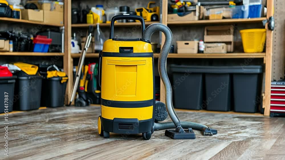 A yellow wet/dry vacuum cleaner sits on a wooden floor in a garage A yellow wet/dry vacuum cleaner sits on a wooden floor in a garage
