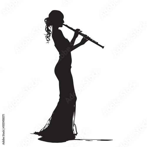 A woman playing Flute silhouette isolated on white background