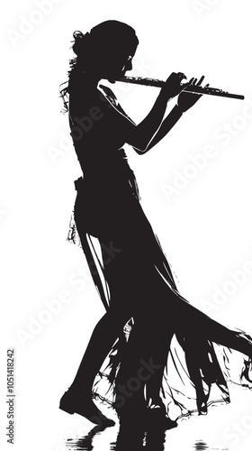 A woman playing Flute silhouette isolated on white background