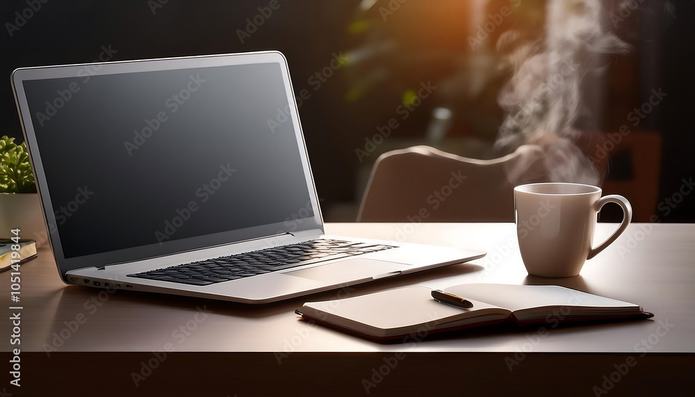 Fototapeta premium Coffee fuels productivity as a hand reaches for a keyboard, illuminating a laptop screen in a bustling office