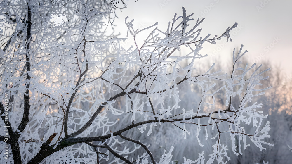 Frost-covered tree branches: Intricate, frosted tree branches outlined by delicate ice crystals, with a soft, pale winter sky in the background.
Frost-covered tree branches: Intricate, frosted tree branches outlined by delicate ice crystals, with a soft, pale winter sky in the background.