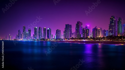 Modern Urban Skyline with Neon Lights Reflecting on Ocean at Night : Generative AI