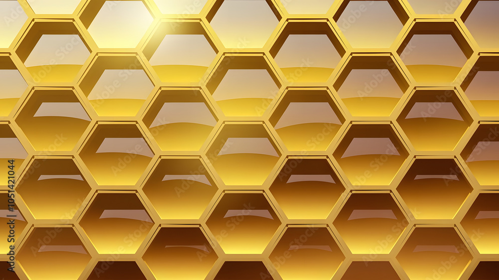 Honeycomb pattern: A geometric honeycomb structure with glossy, golden hexagonal cells, glowing softly.
Honeycomb pattern: A geometric honeycomb structure with glossy, golden hexagonal cells, glowing softly.