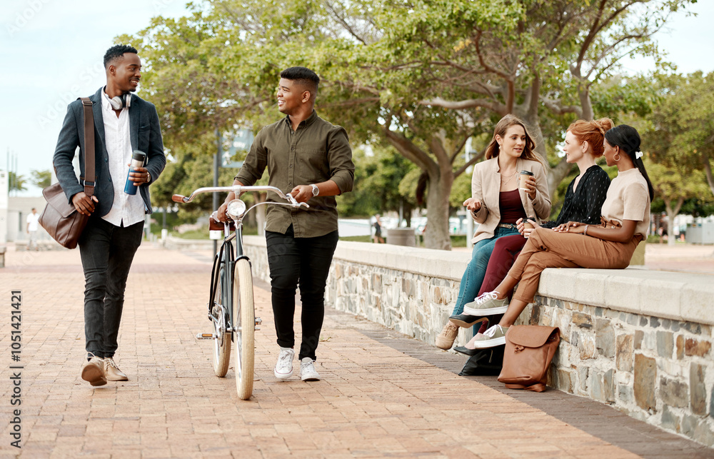 © peopleimages.com - Friends, urban park and walking with morning commute and bike together with talk in city. Eco friendly, people and town with group, outdoor and conversation on pavement with travel and communication