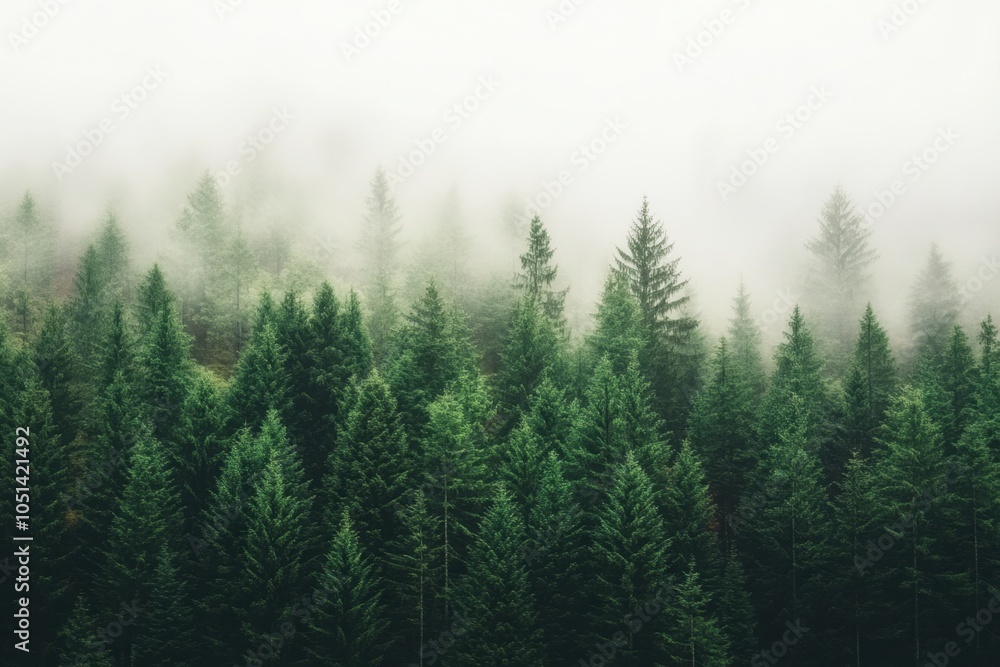 Misty landscape with lush green pine trees Misty landscape with lush green pine trees