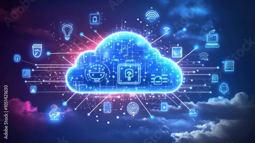 Cloud technology with glowing icons connected by lines