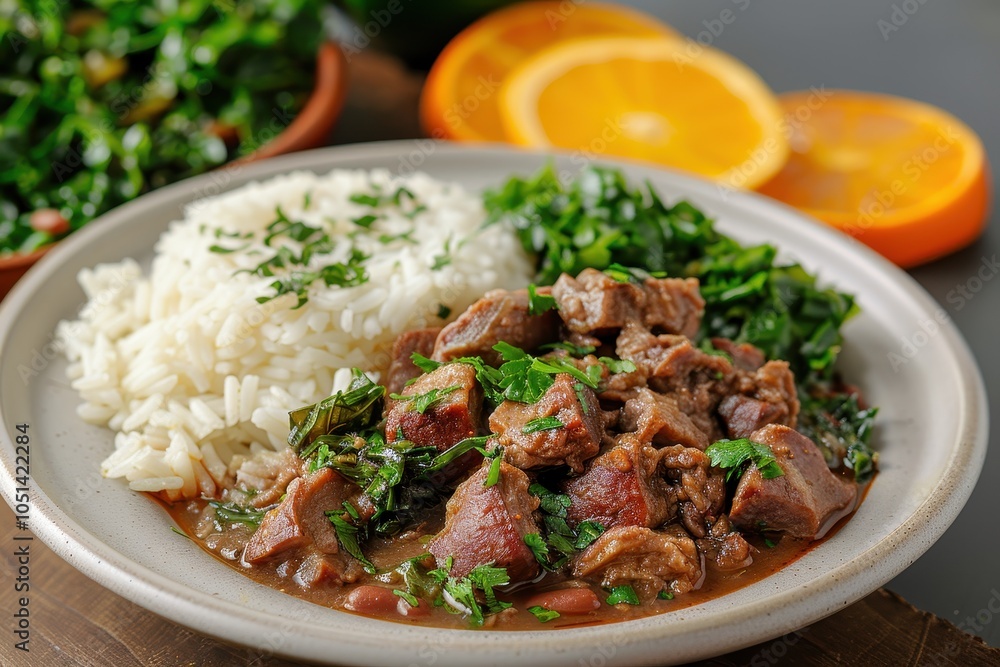 A vibrant plate of feijoada, a black bean stew with chunks of pork and sausage, served with white rice, collard greens, and orange slices A vibrant plate of feijoada, a black bean stew with chunks of pork and sausage, served with white rice, collard greens, and orange slices