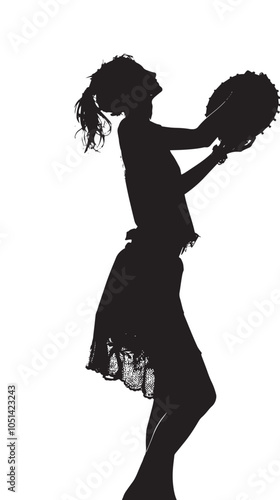 A woman playing Tambourine silhouette isolated on white background