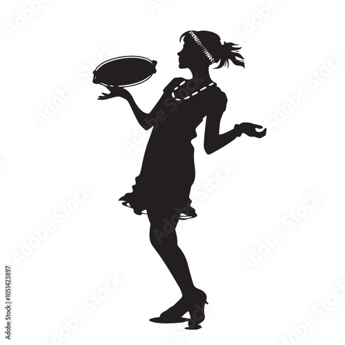 A woman playing Tambourine silhouette isolated on white background