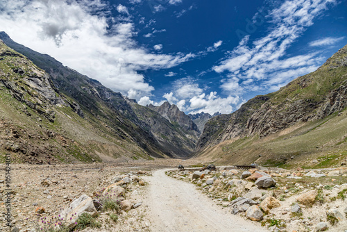 himalayan mountain landscape view of the road from chatru to batal in gramphu-batal-kaza road in Jilang, lahaul, himachal pradesh india.  photo